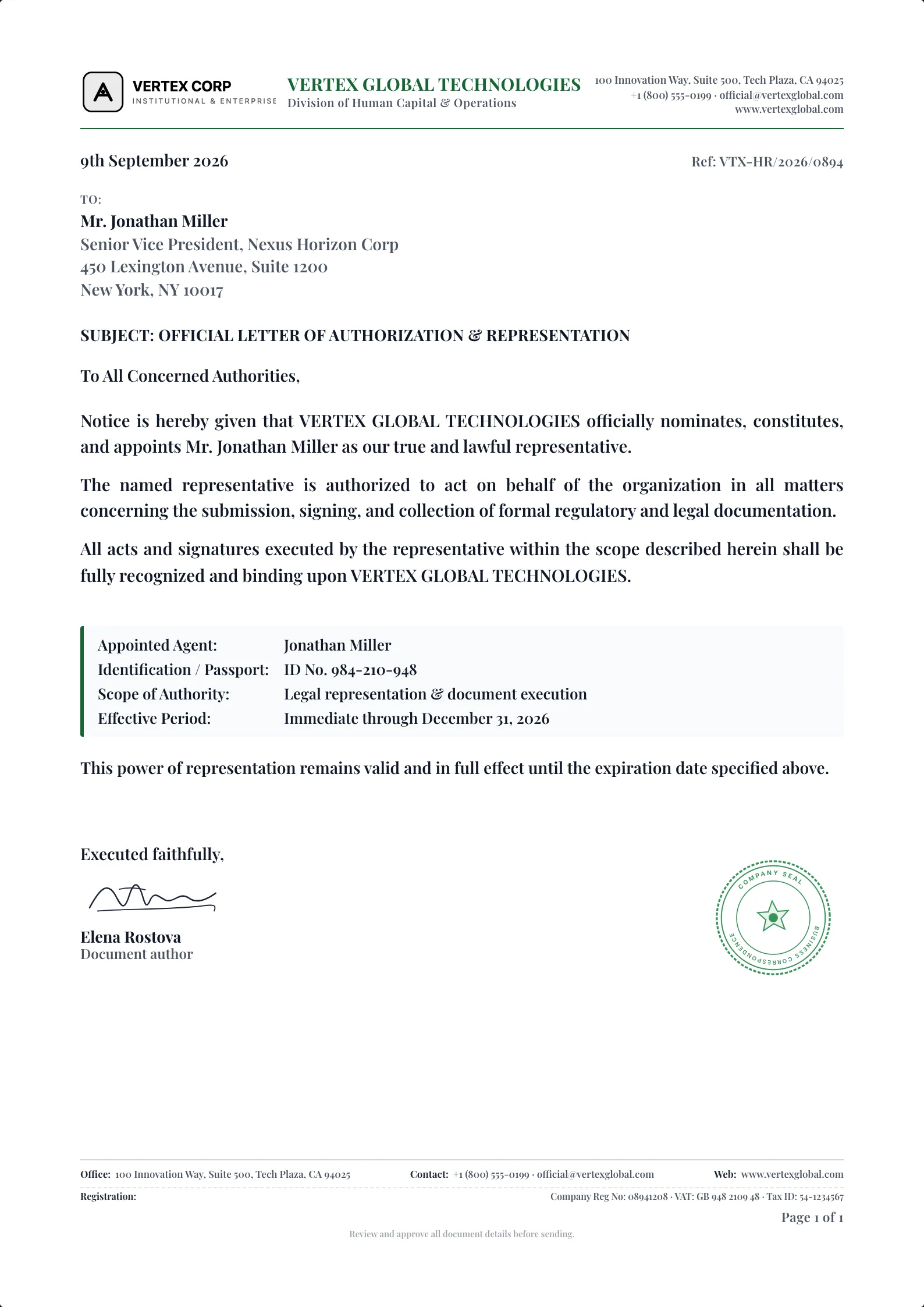 Authorization Letter template example on professional letterhead