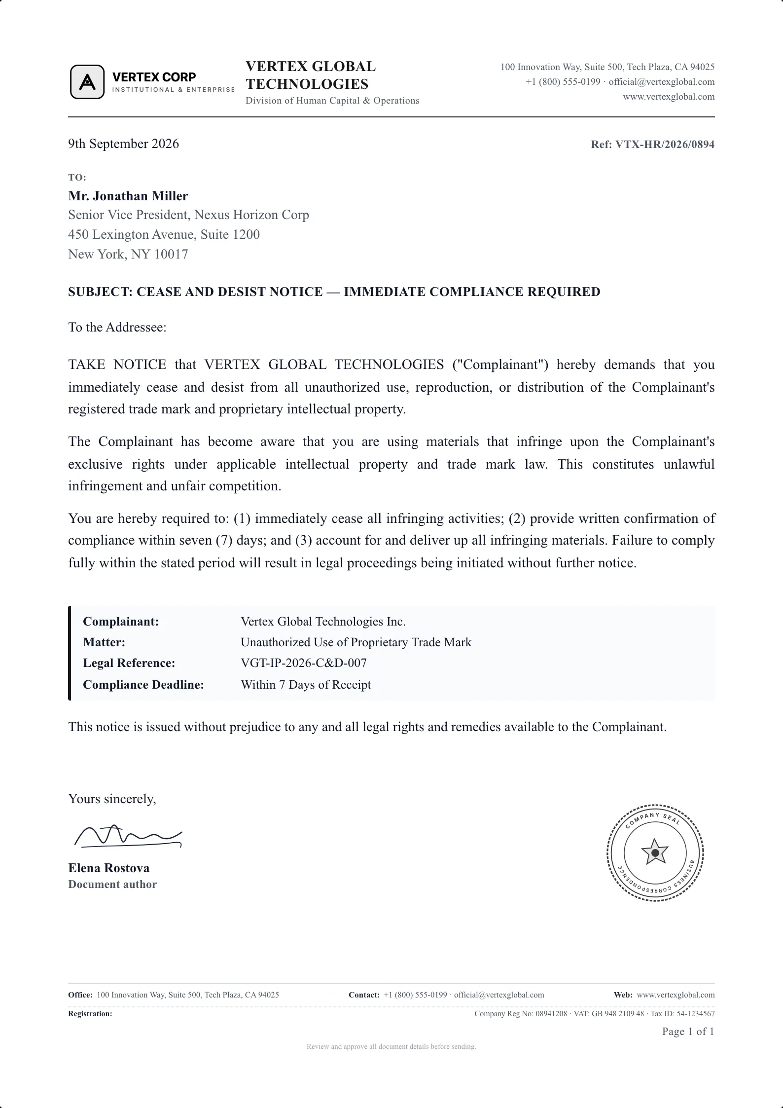 Cease and Desist Letter template example on professional letterhead