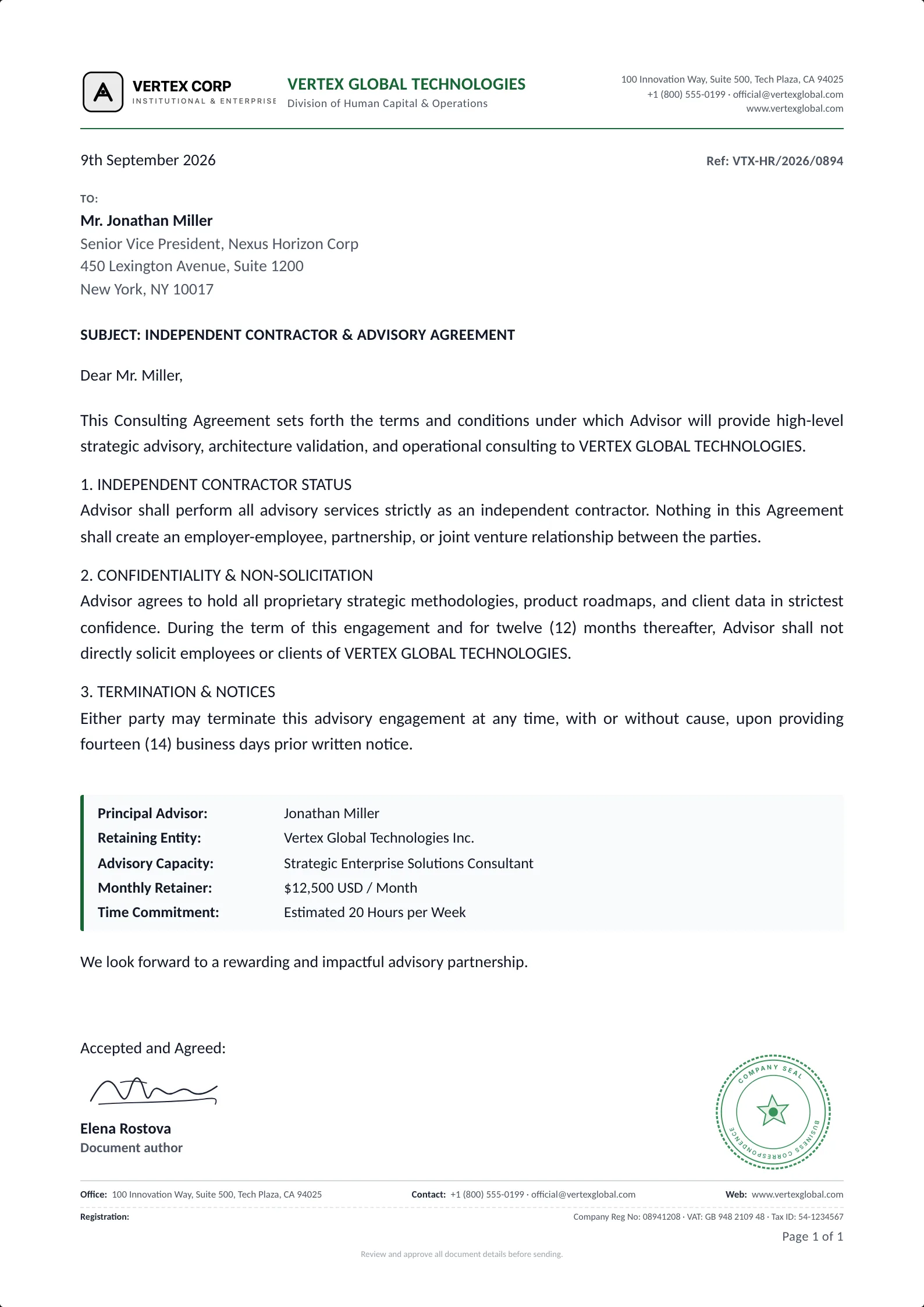 Consulting Agreement template example on professional letterhead