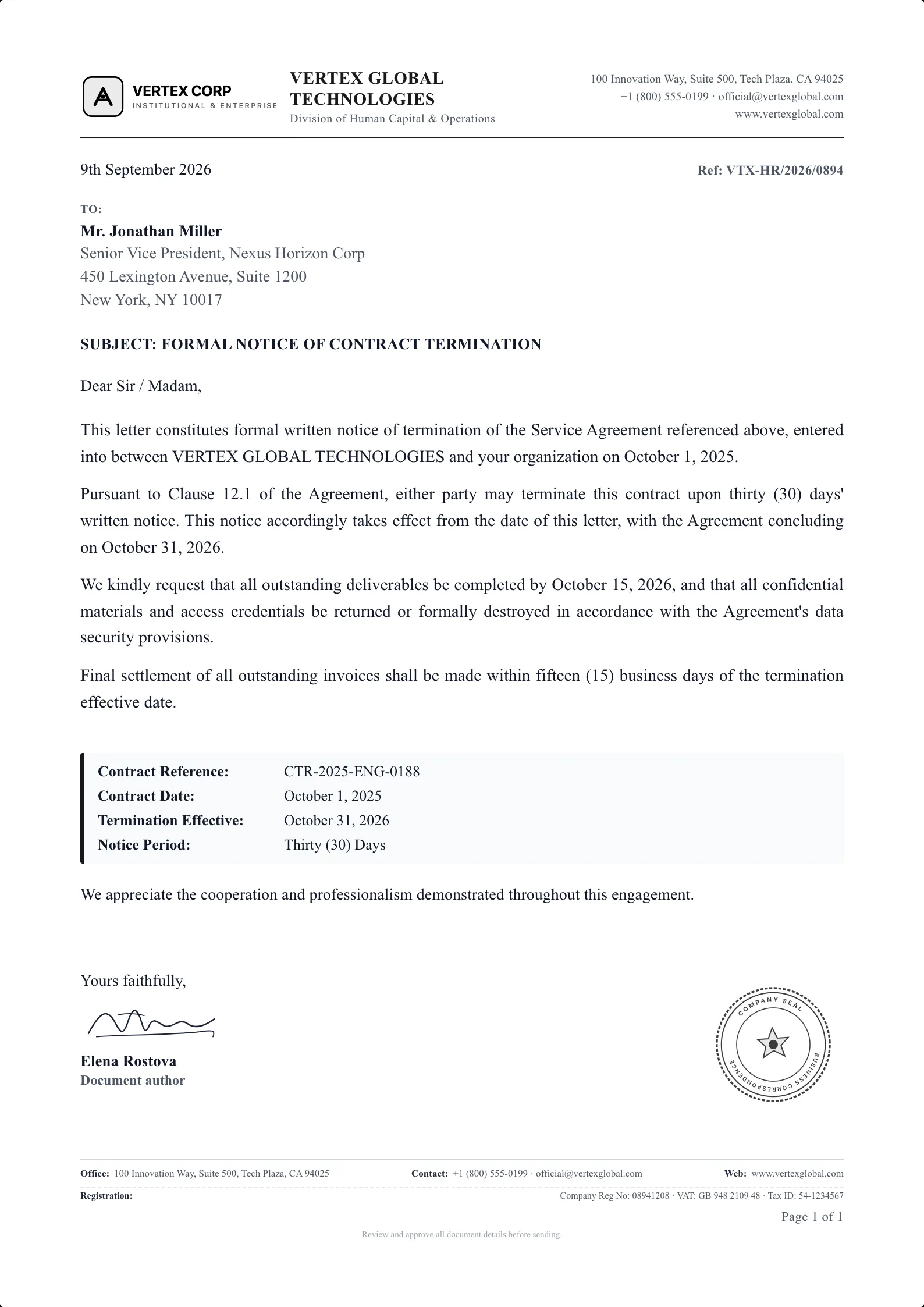 Contract Termination Letter template example on professional letterhead