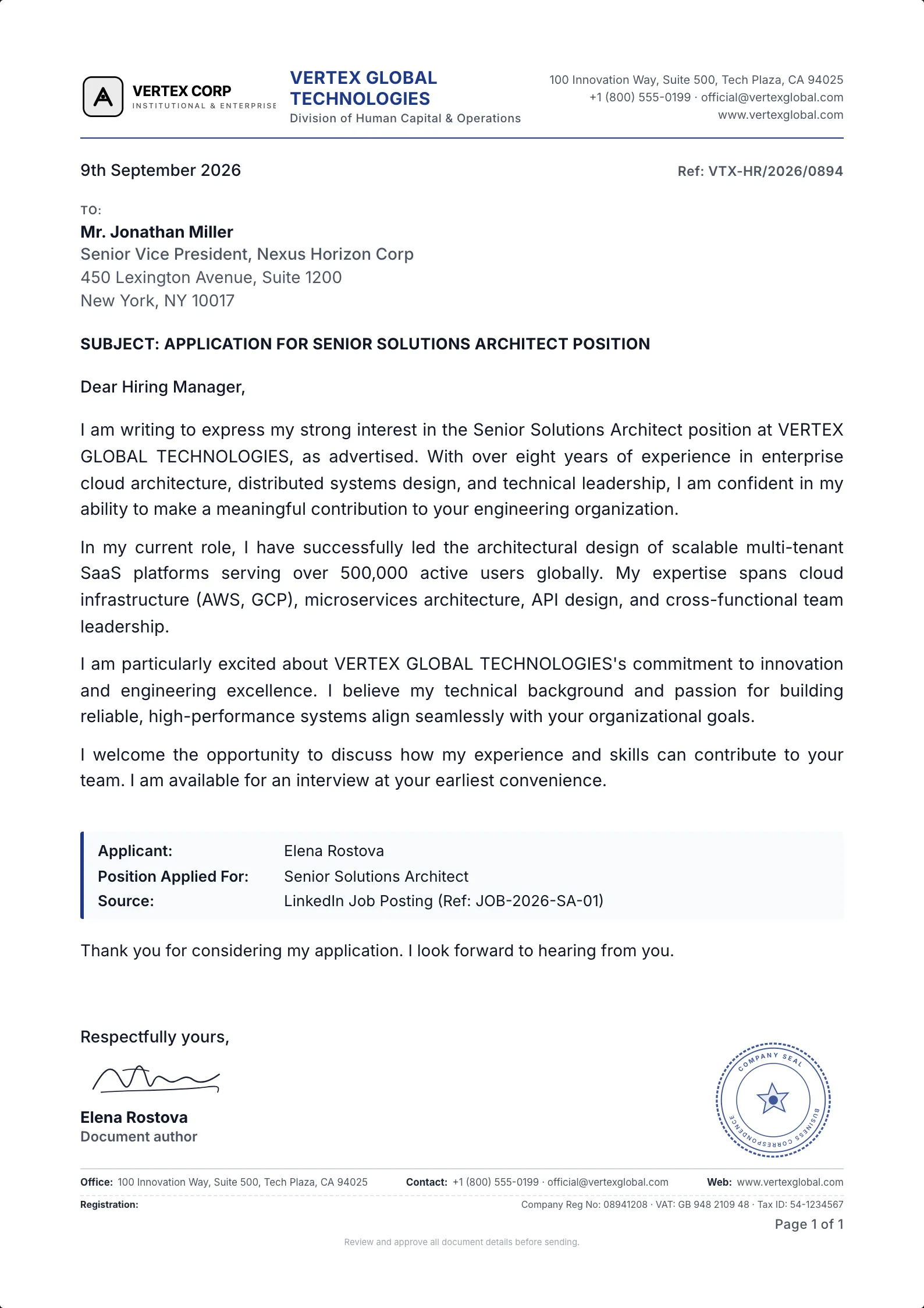 Cover Letter template example on professional letterhead