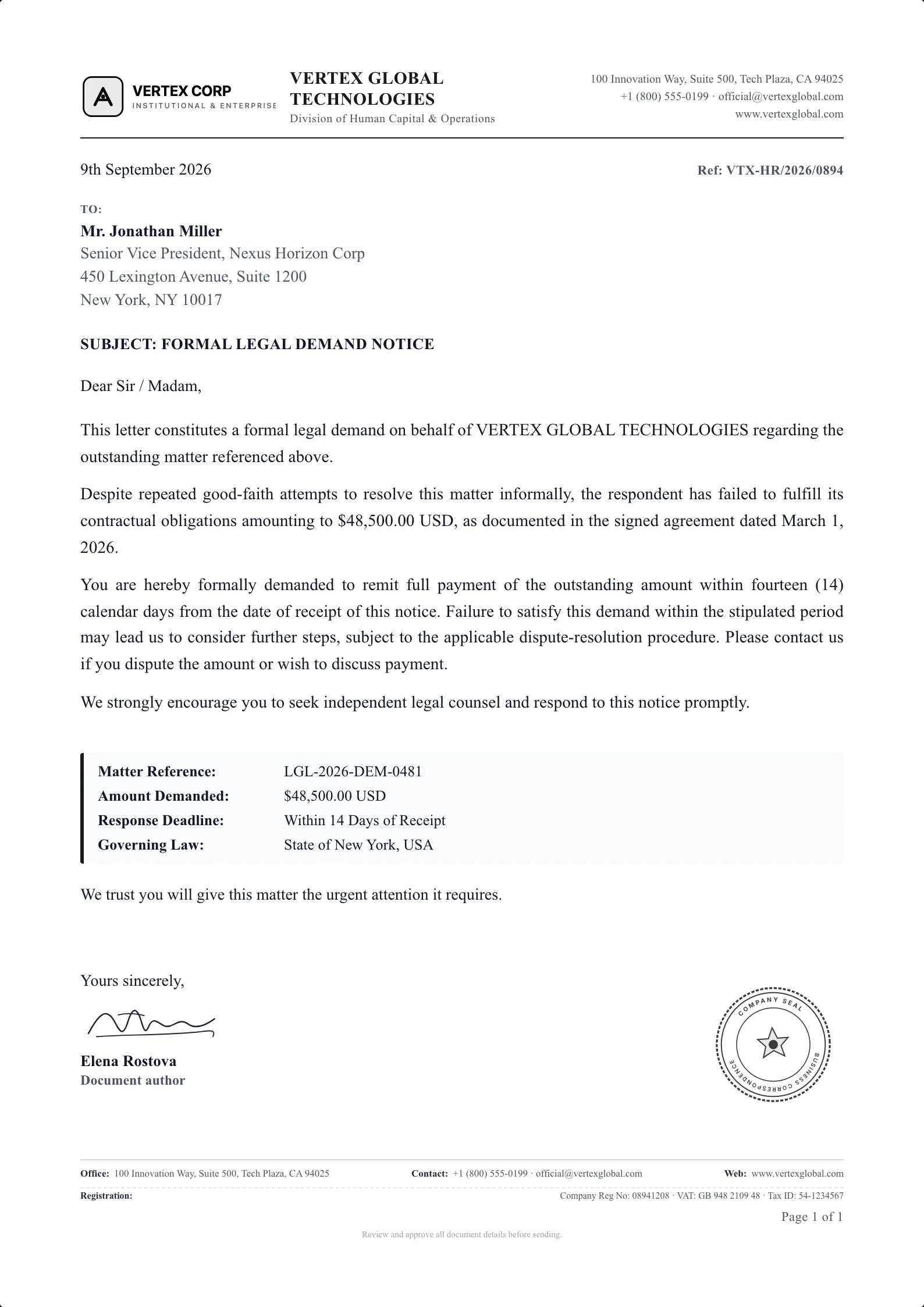 Demand Letter template example on professional letterhead