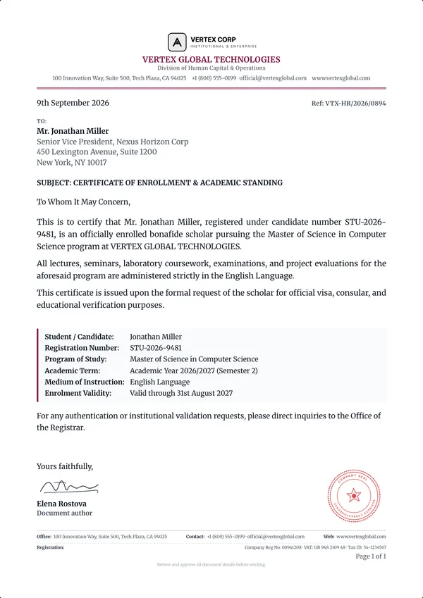 Enrollment Certificate Letter template example
