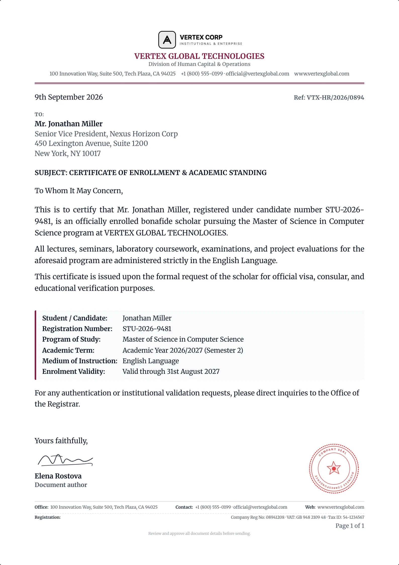 Enrollment Certificate Letter template example on professional letterhead