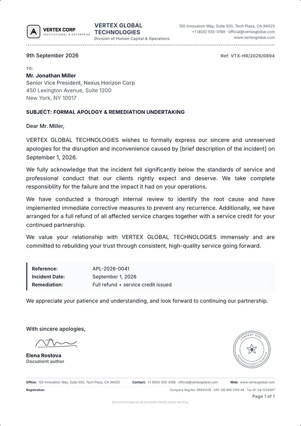 Formal Apology Letter template example