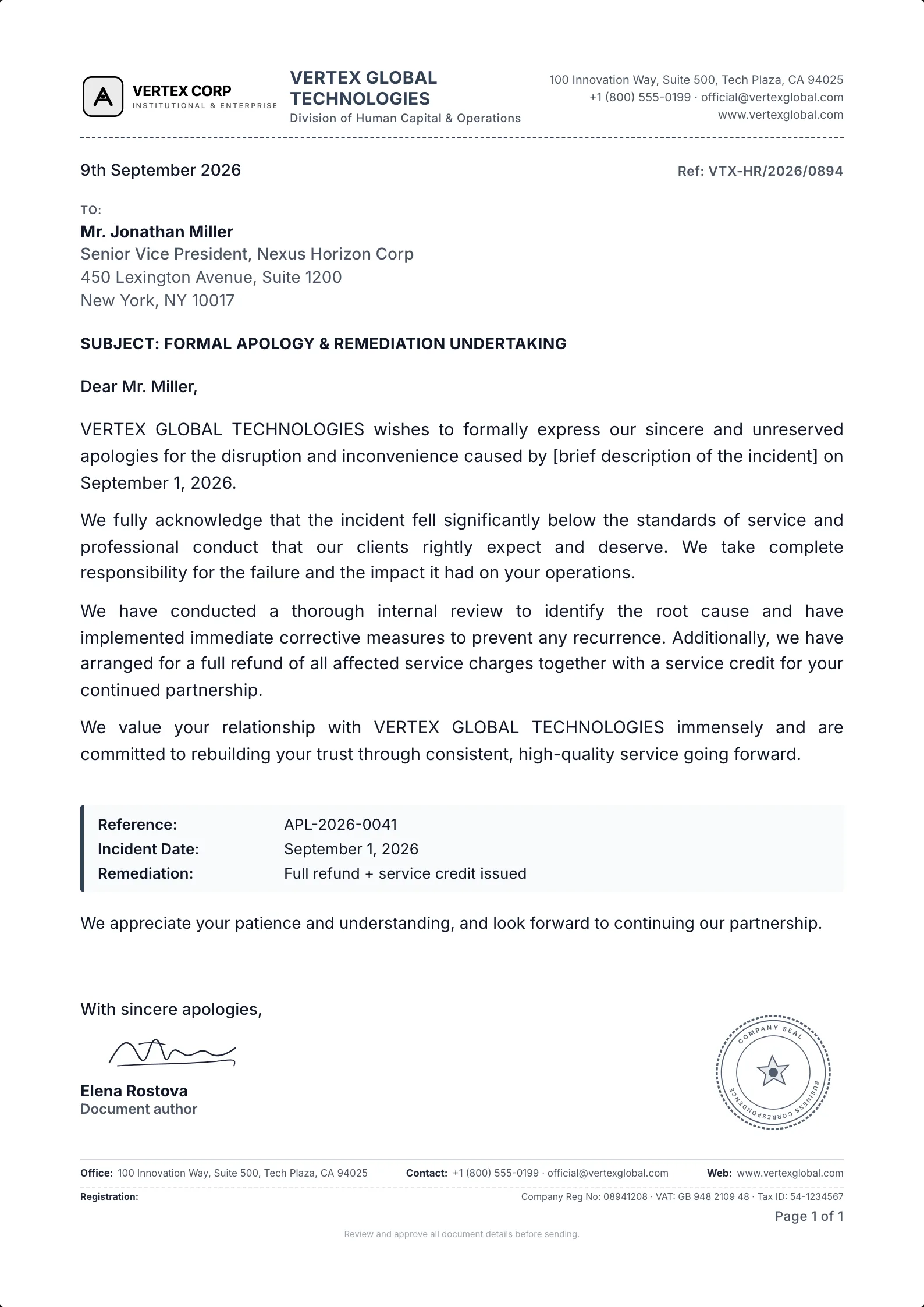 Formal Apology Letter template example on professional letterhead