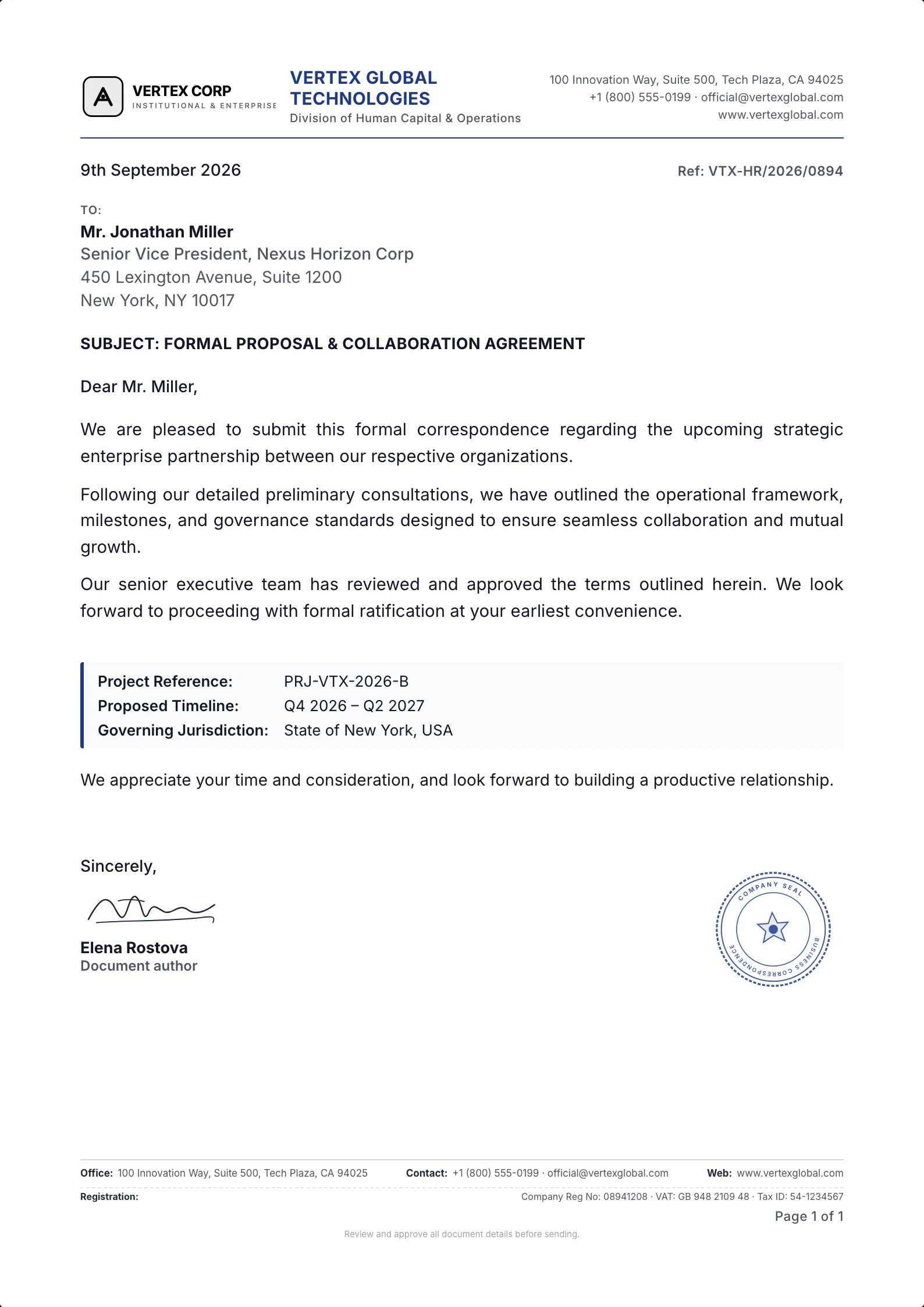 Formal Business Letter template example on professional letterhead
