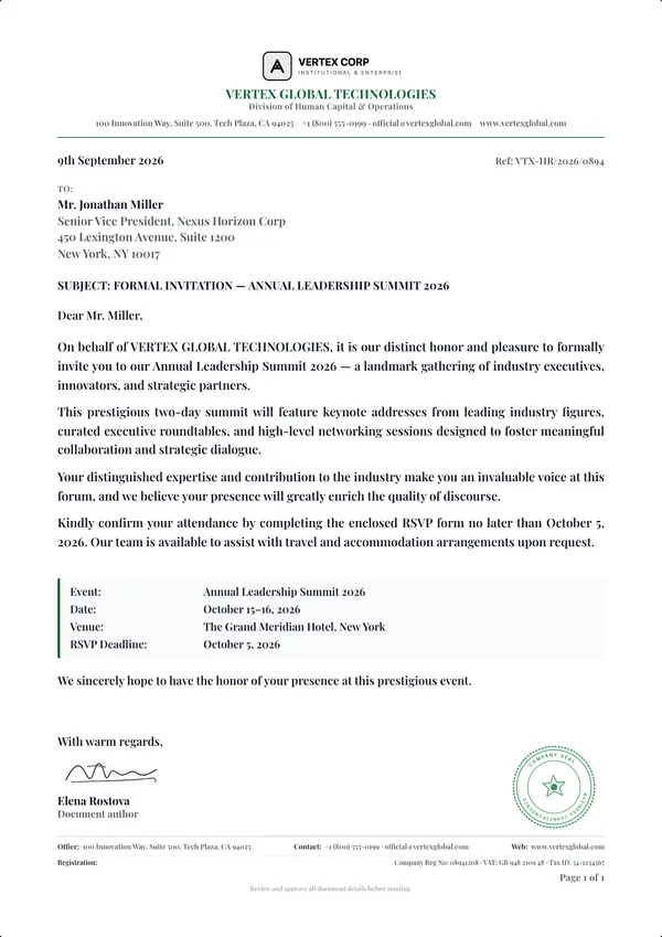 Formal Invitation Letter template example