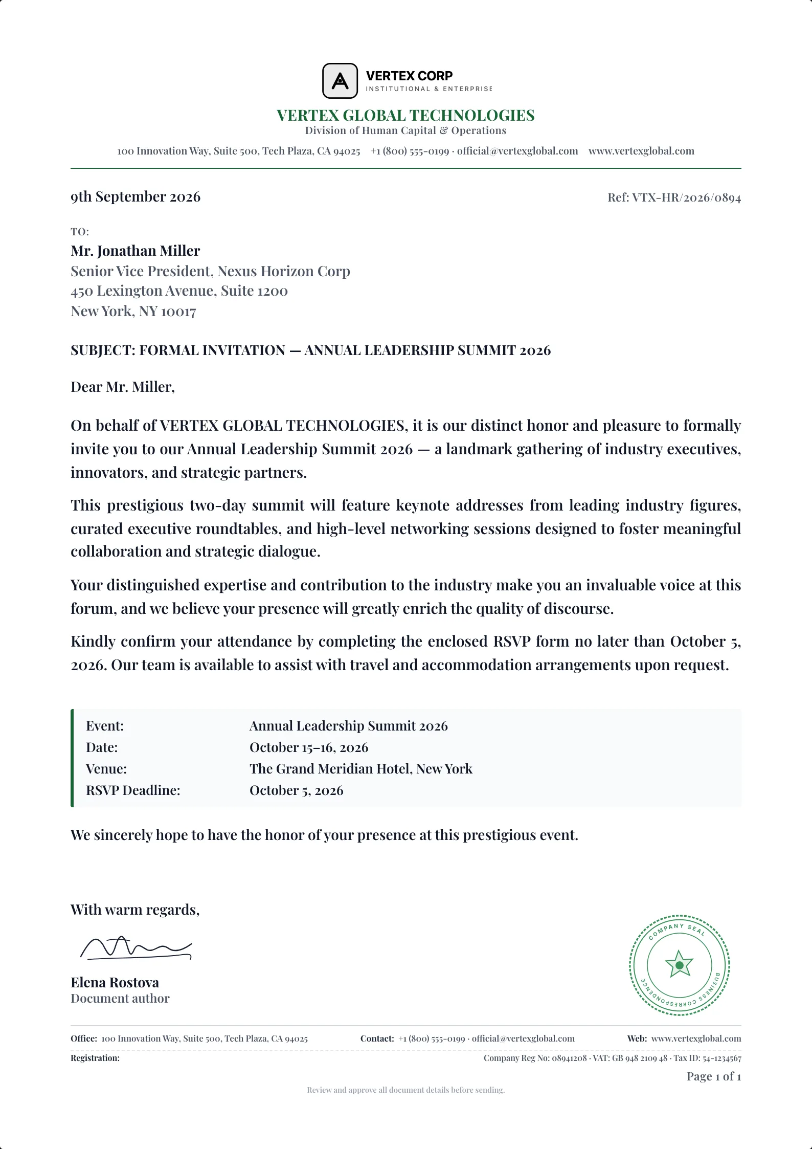 Formal Invitation Letter template example on professional letterhead