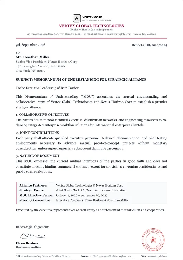 Memorandum of Understanding (MOU) template example