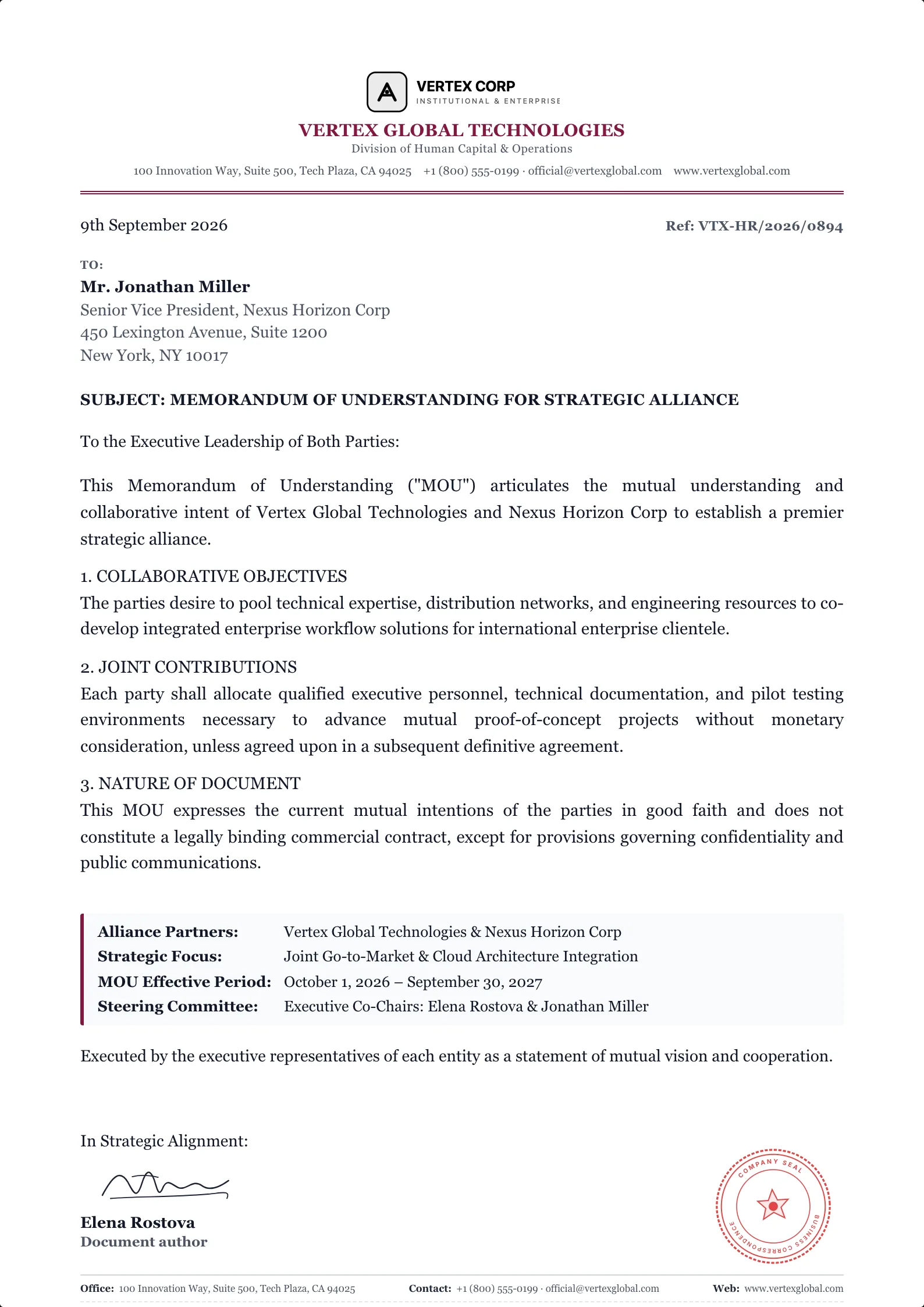 Memorandum of Understanding (MOU) template example on professional letterhead