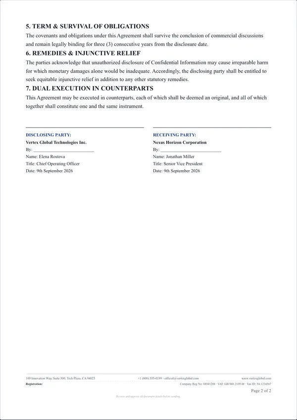 Page two of the same agreement with a continuation header and signatures