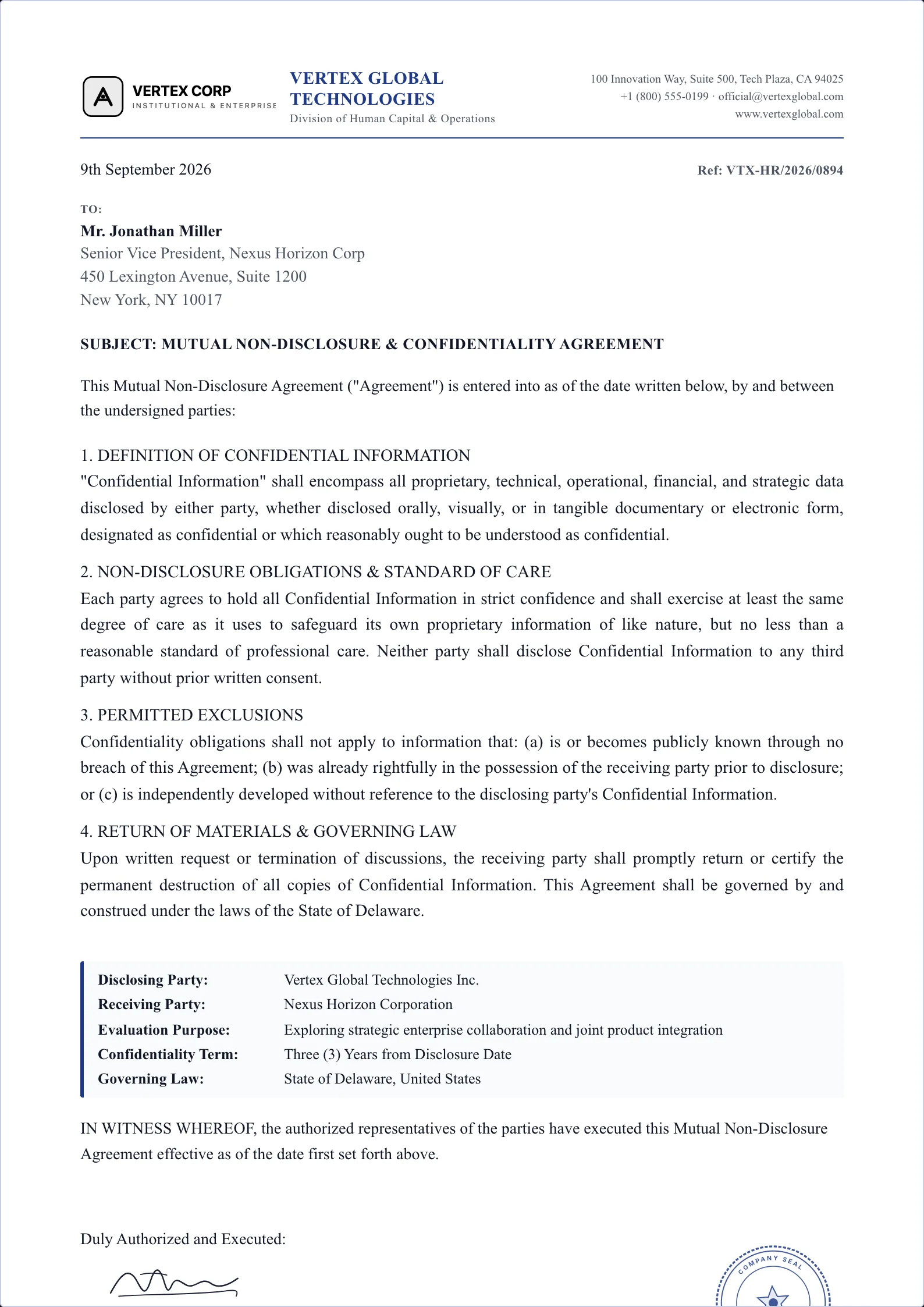 Non-Disclosure Agreement (NDA) template example on professional letterhead