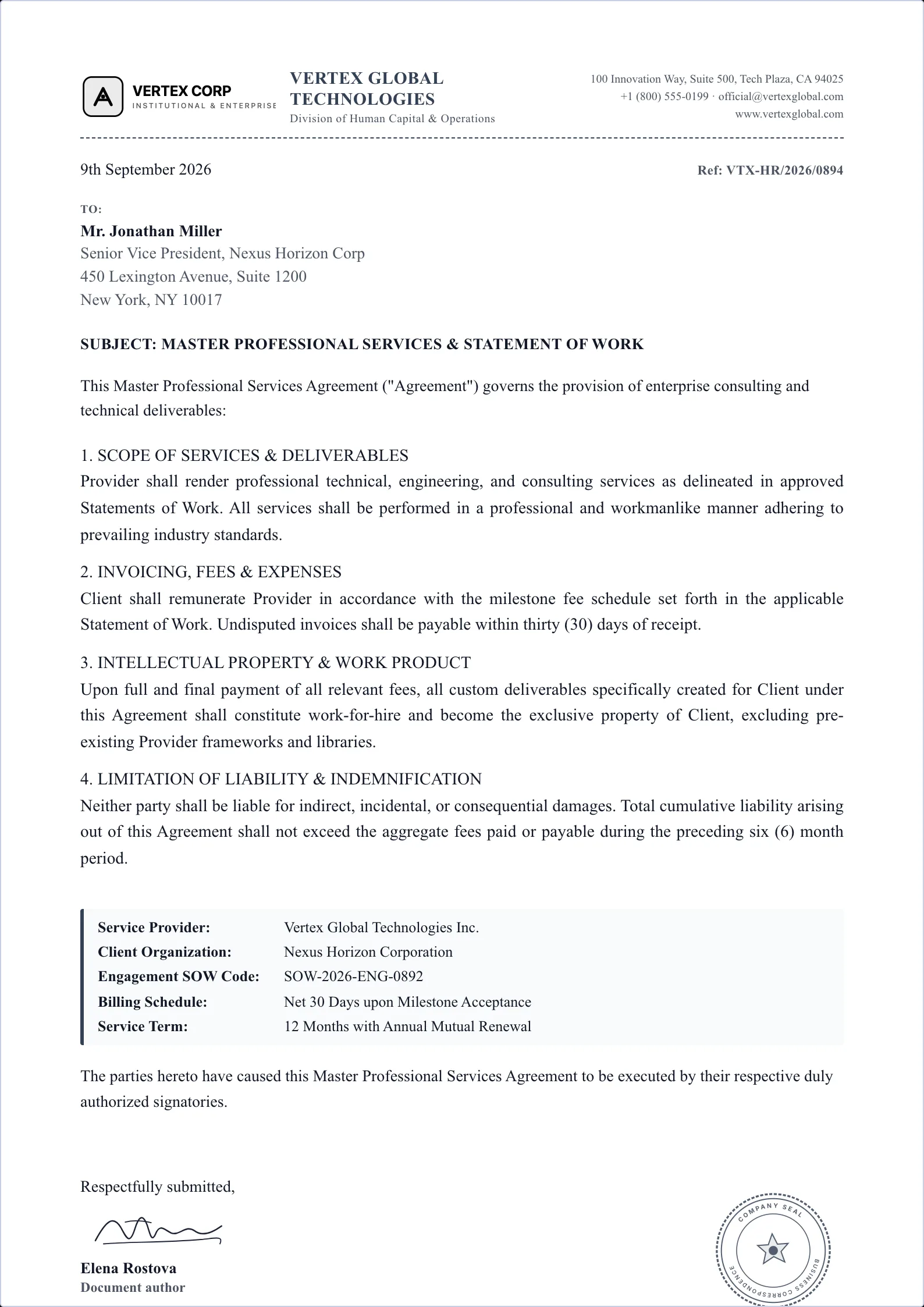 Professional Services Agreement template example on professional letterhead