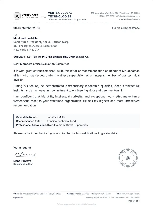 Recommendation Letter template example