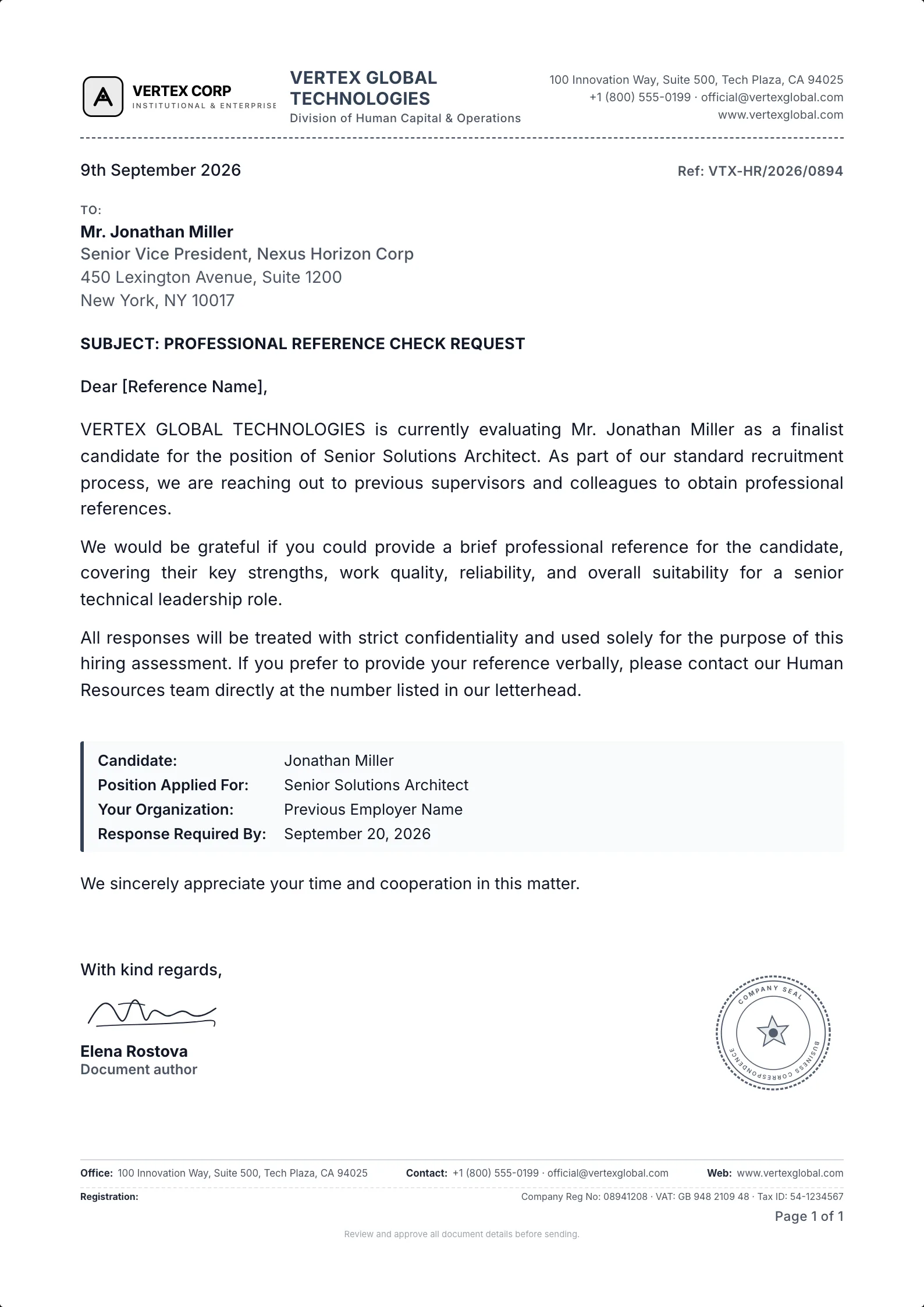 Reference Check Request Letter template example on professional letterhead