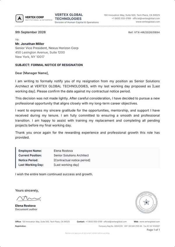 Resignation Letter template example