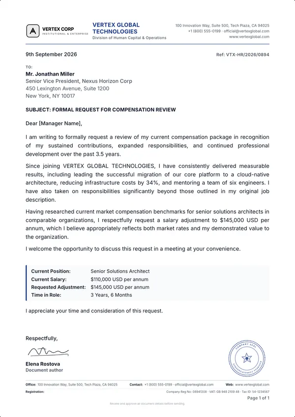 Salary Increase Request Letter template example