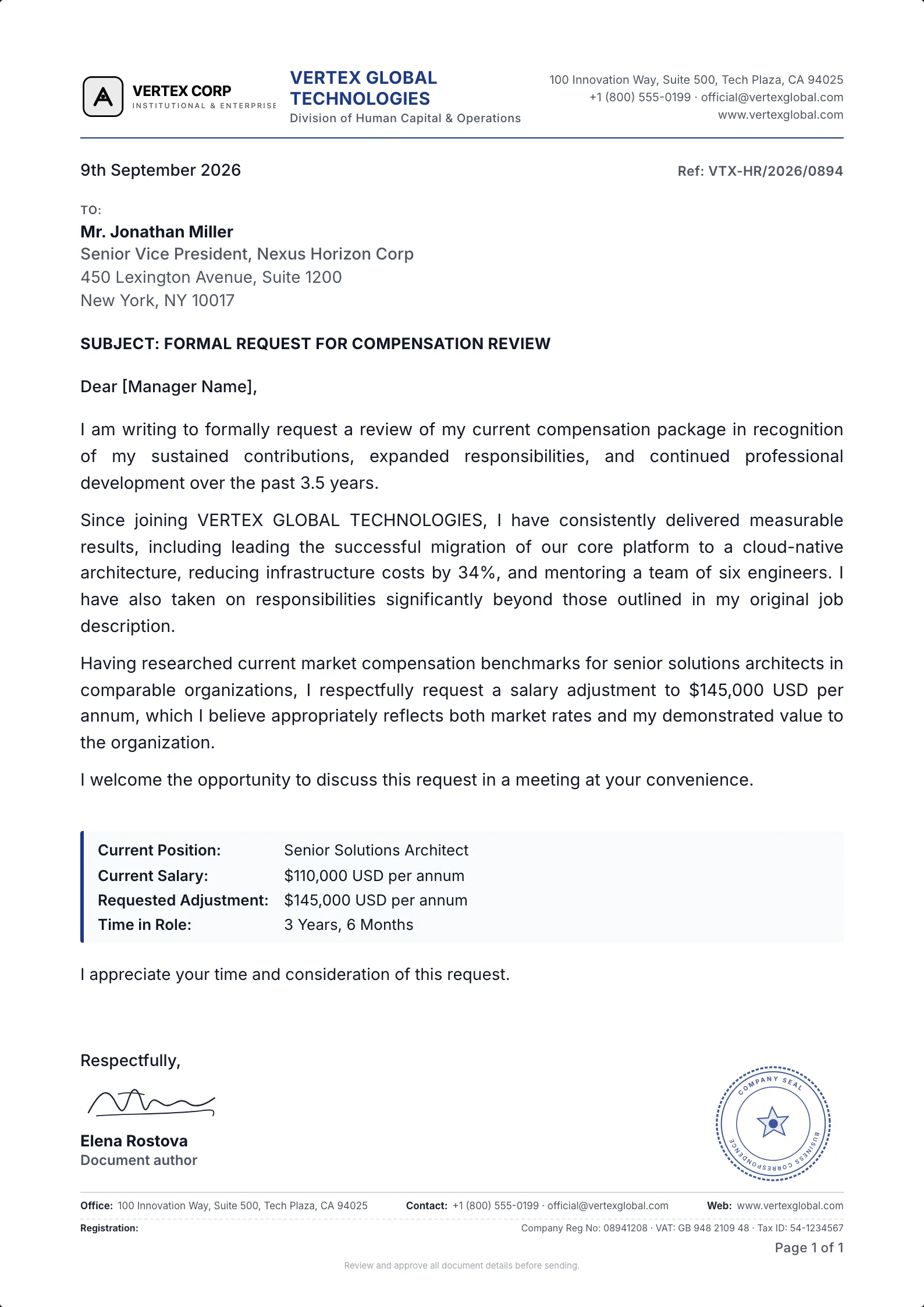 Salary Increase Request Letter template example on professional letterhead