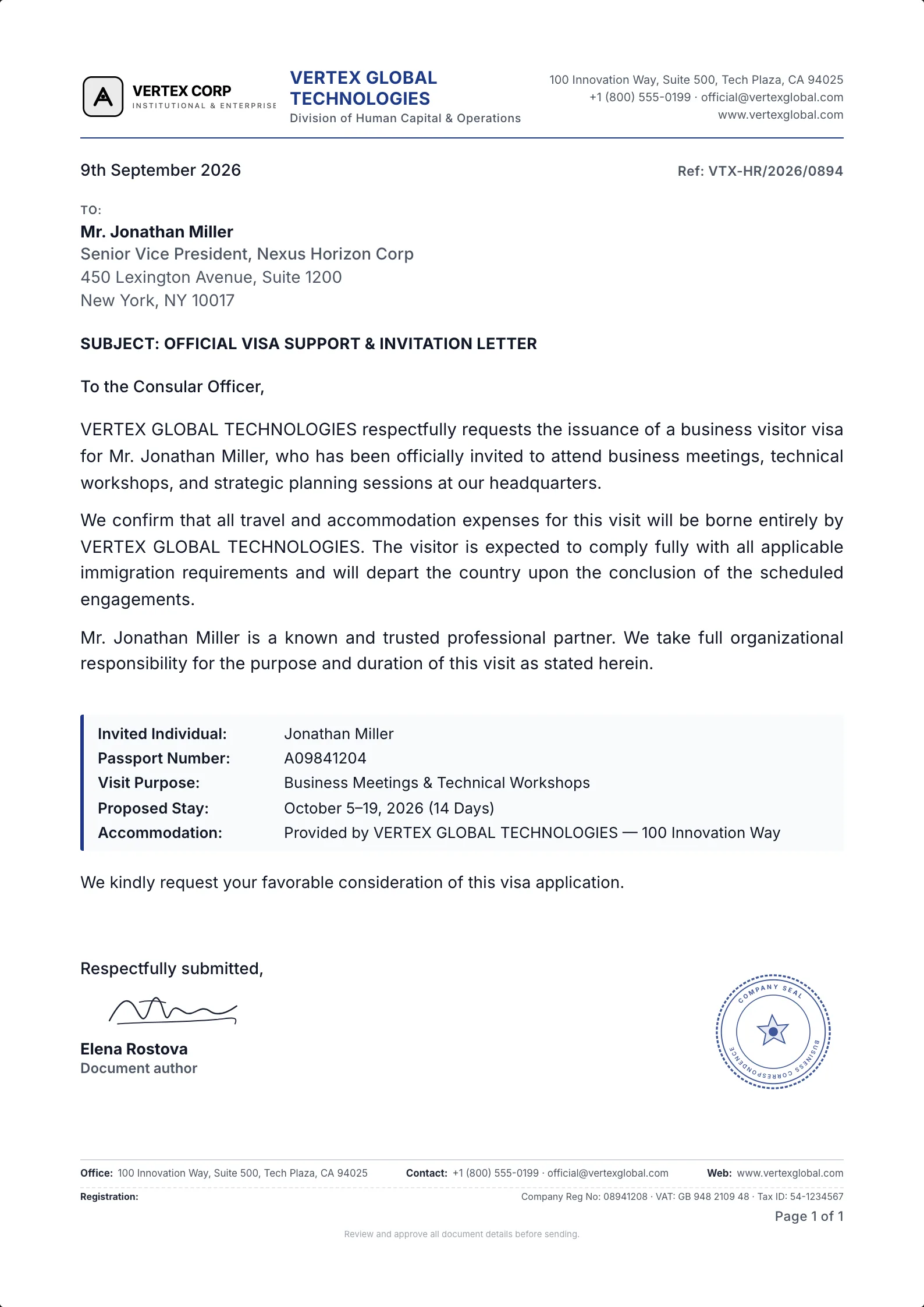 Visa Invitation Letter template example on professional letterhead